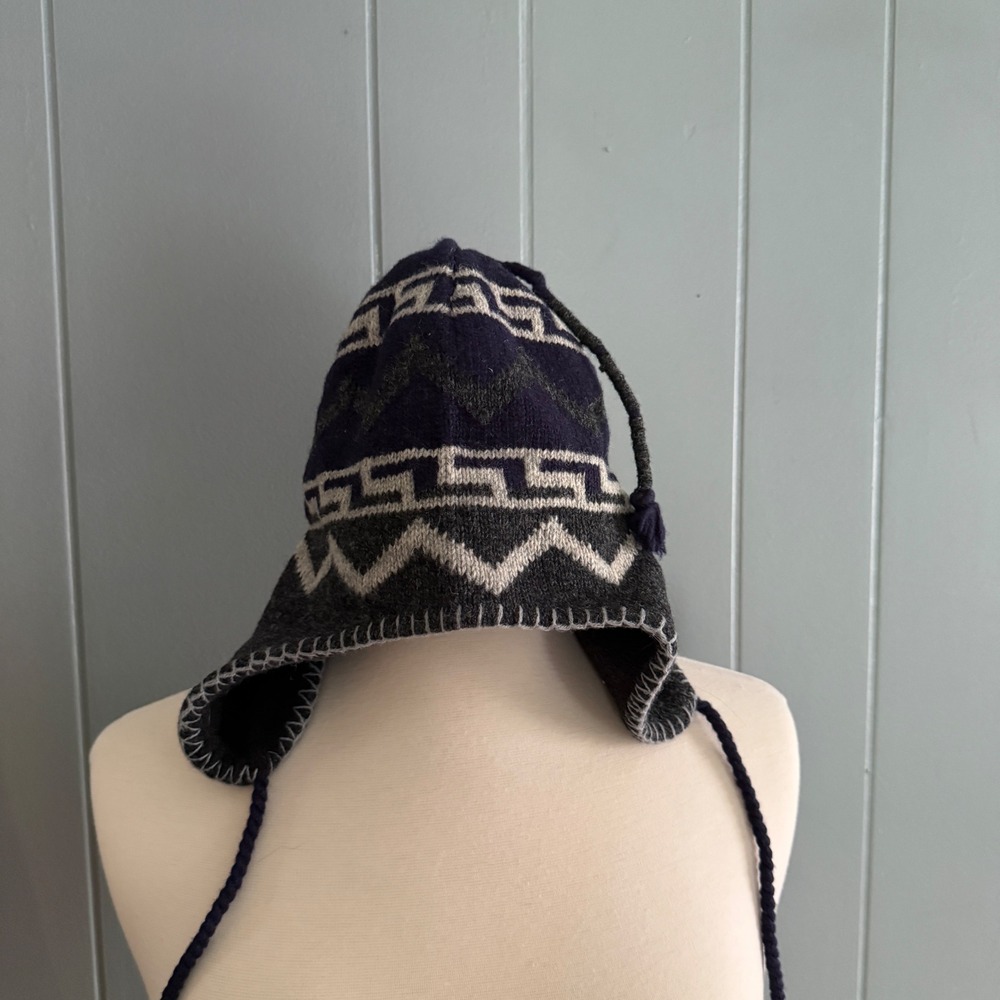 Gap Mens Blue Gray Wool Blend Geometric Fleece Lined Earflap Beanie Hat Chullo